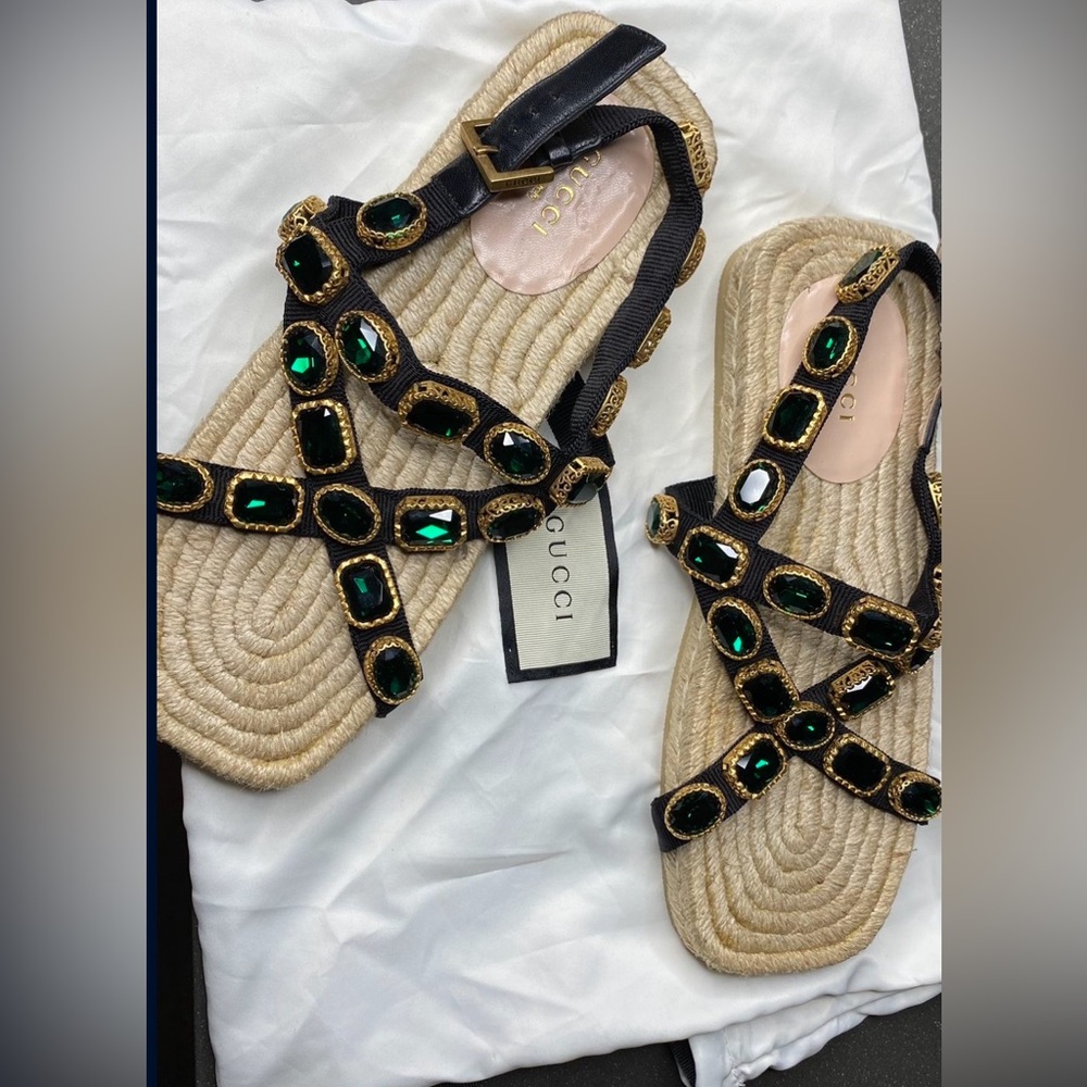 Gucci crystal embellished espadrille black grosgrain flat sandals - Picture 5 of 7